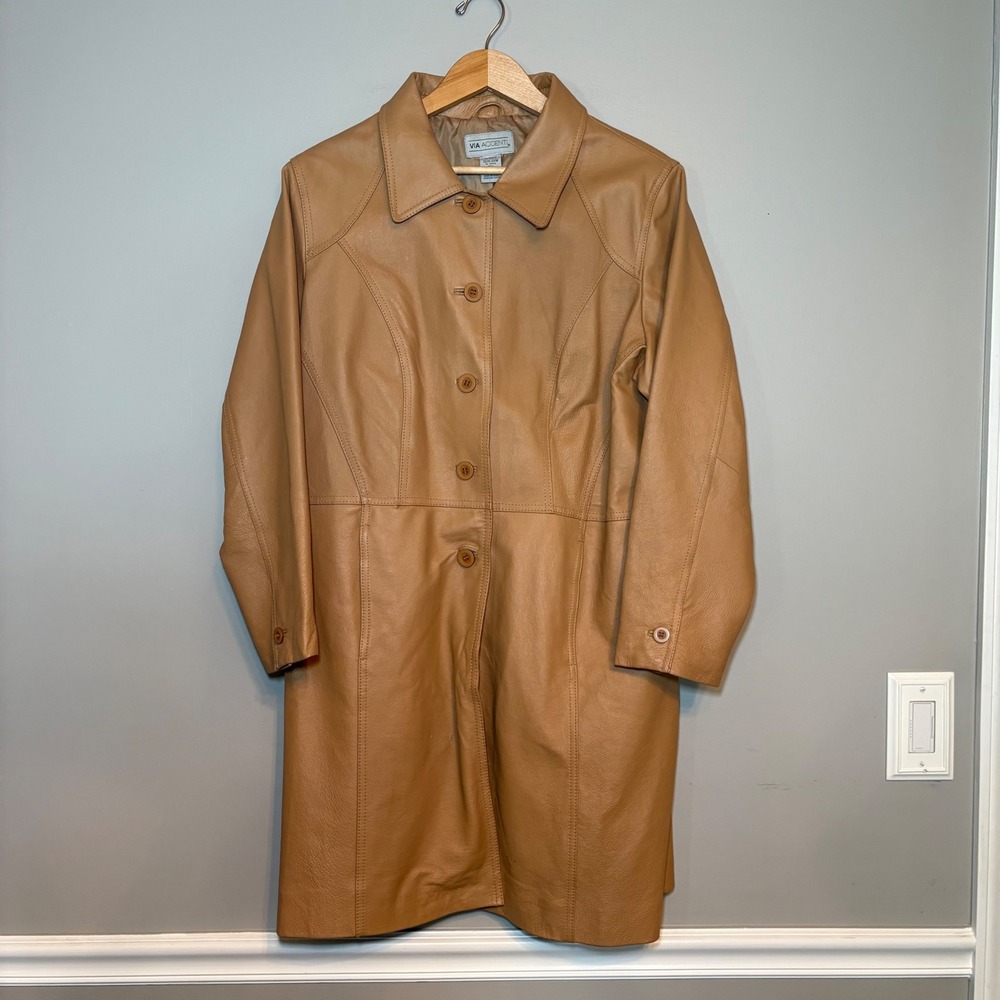 Via Accenti Mens Camel Tan Genuine Leather Trench Coat Jacket Plus Size 22W Line